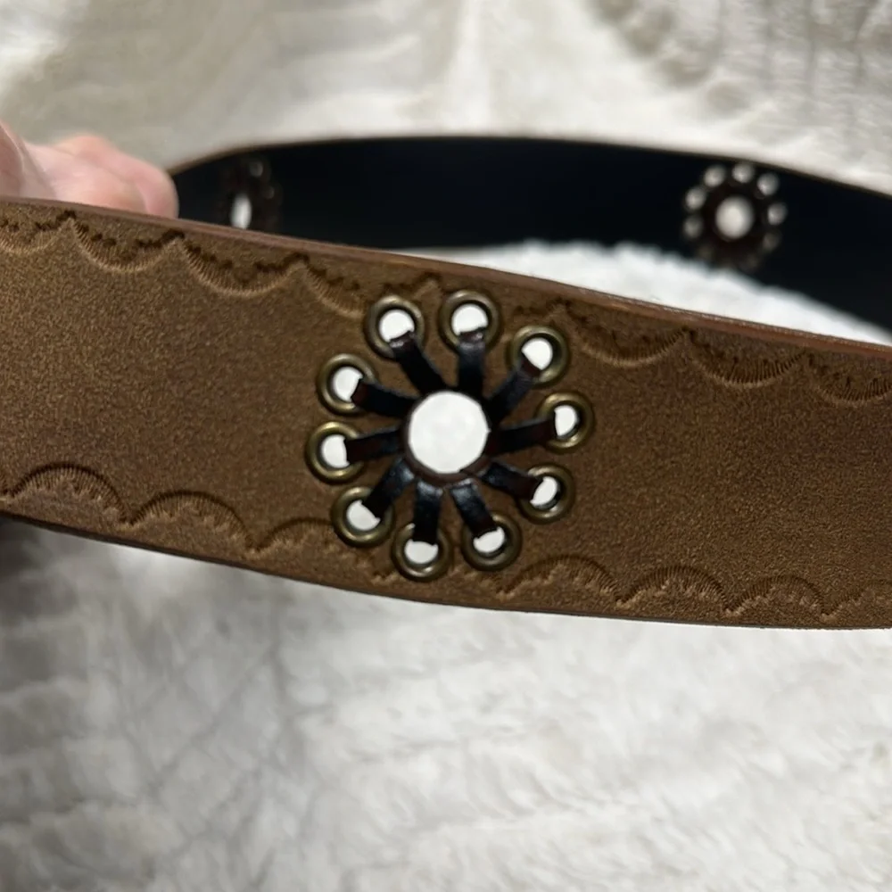 Vegan leather belt  with flower cutouts and  oval brass buckle w/ tiny stones XL